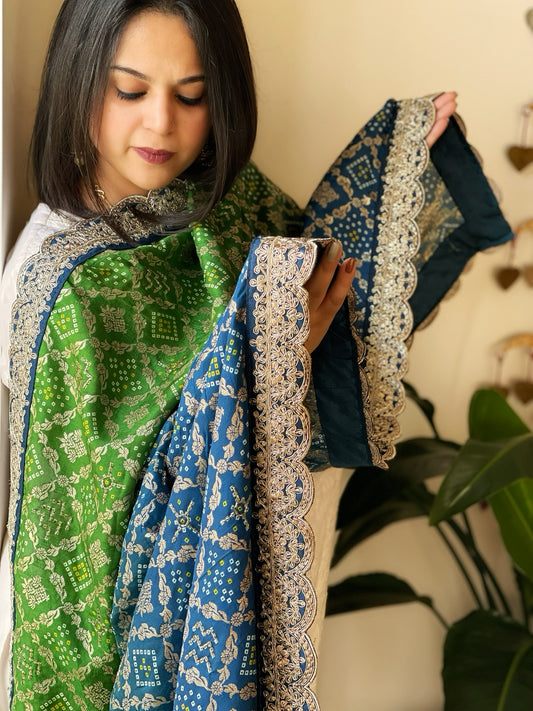 Blue, Green Printed Bandhej Banarasi Dupatta in Chinon with Embroidered Border