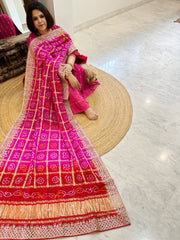 Pink Bandhani Dupatta with Gotapatti Handwork in Pure Silk