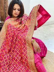 Pink Handwoven NeemZari Bareek Bandhani with Meenakari and Dabka Handwork in Pure Georgette