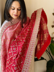 Lite Pink, Red Printed Bandhej Banarasi Dupatta in Chinon with Embroidered Border