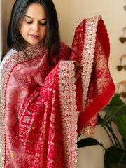 Lite Pink, Red Printed Bandhej Banarasi Dupatta in Chinon with Embroidered Border