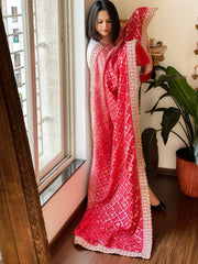 Lite Pink, Red Printed Bandhej Banarasi Dupatta in Chinon with Embroidered Border