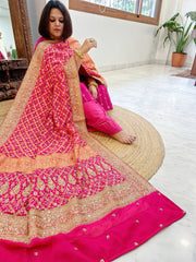 Pink Handwoven NeemZari Bareek Bandhani with Meenakari and Dabka Handwork in Pure Georgette