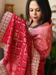 Lite Pink, Red Printed Bandhej Banarasi Dupatta in Chinon with Embroidered Border