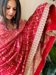 Lite Pink, Red Printed Bandhej Banarasi Dupatta in Chinon with Embroidered Border