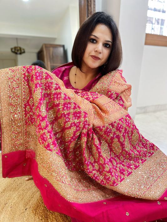 Pink Handwoven NeemZari Bareek Bandhani with Meenakari and Dabka Handwork in Pure Georgette
