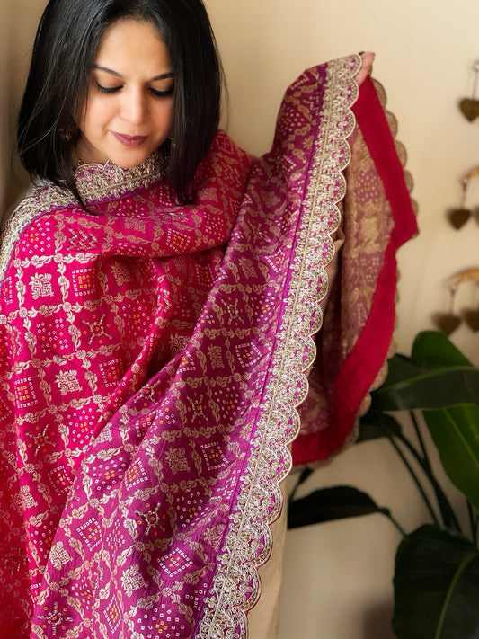 Purple, Pink Printed Bandhej Banarasi Dupatta in Chinon with Embroidered Border