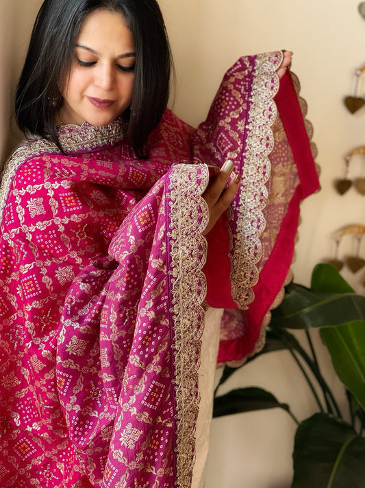 Purple, Pink Printed Bandhej Banarasi Dupatta in Chinon with Embroidered Border