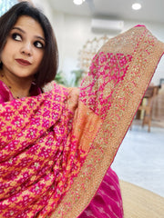 Pink Handwoven NeemZari Bareek Bandhani with Meenakari and Dabka Handwork in Pure Georgette
