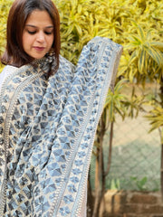 Grey Designer Phulkari Dupatta in Tissue Chanderi