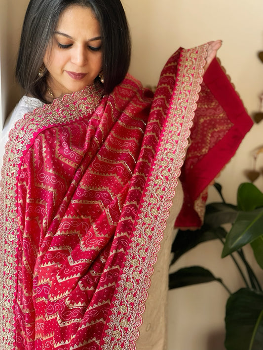 Pink, Red Printed Bandhej Banarasi Dupatta in Chinon with Embroidered Border