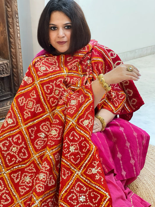 Rust Bandhani Dupatta with Gotapatti Handwork in Pure Silk