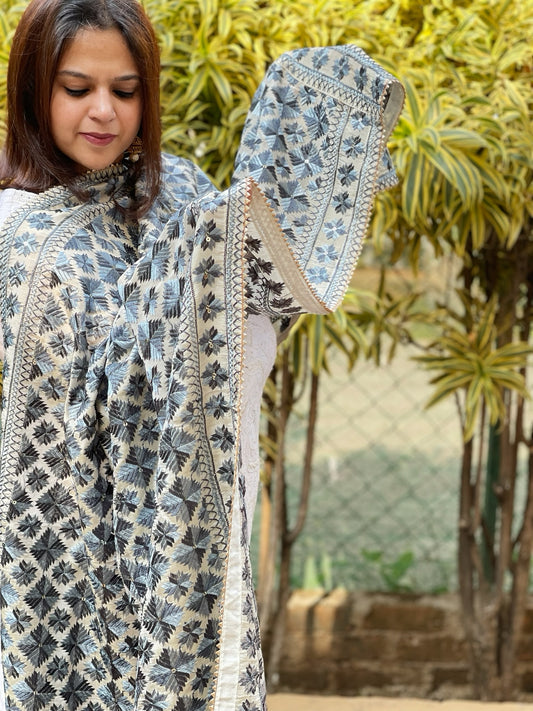 Grey Designer Phulkari Dupatta in Tissue Chanderi