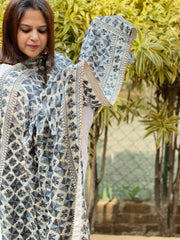 Grey Designer Phulkari Dupatta in Tissue Chanderi