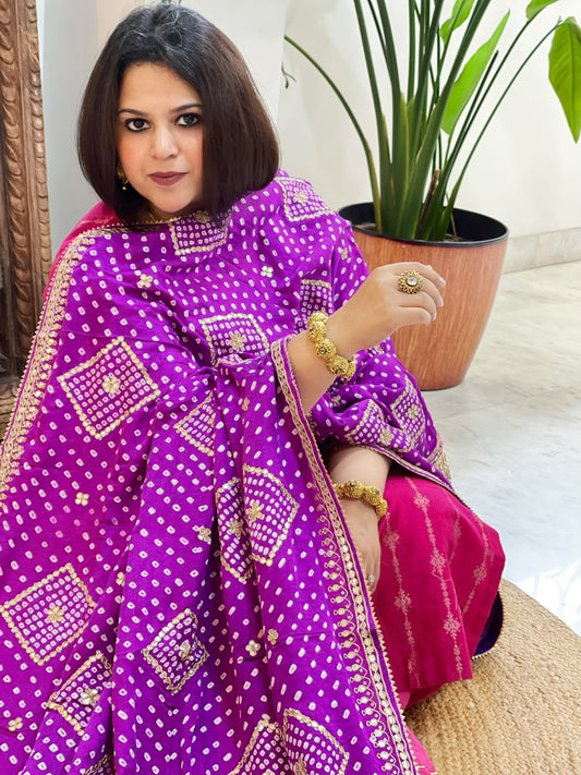 Purple Bandhani Dupatta with Gotapatti Handwork in Pure Silk