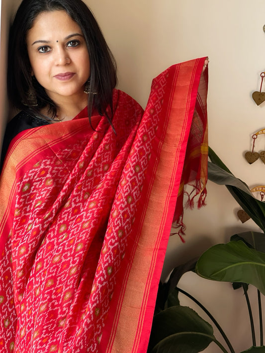 Red Handwoven Ikat Dupatta Pure Silk-Cotton