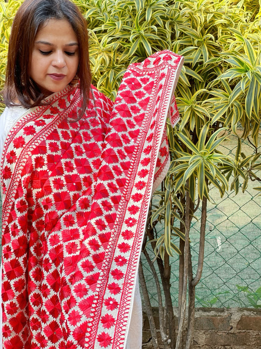 Red, Cream Designer Phulkari Dupatta in Tissue
