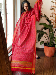 Red Handwoven Ikat Dupatta Pure Silk-Cotton