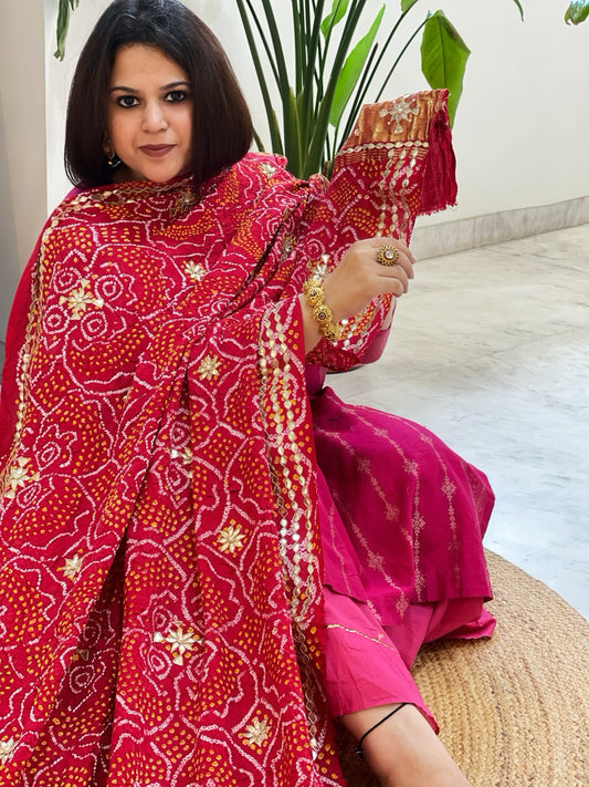 Red Bandhani Dupatta with Gotapatti Handwork in Pure Silk