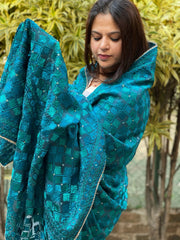 Turquoise Designer Phulkari Dupatta in Chinon