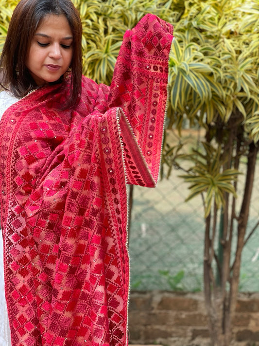 Red Designer Phulkari Dupatta in Tissue
