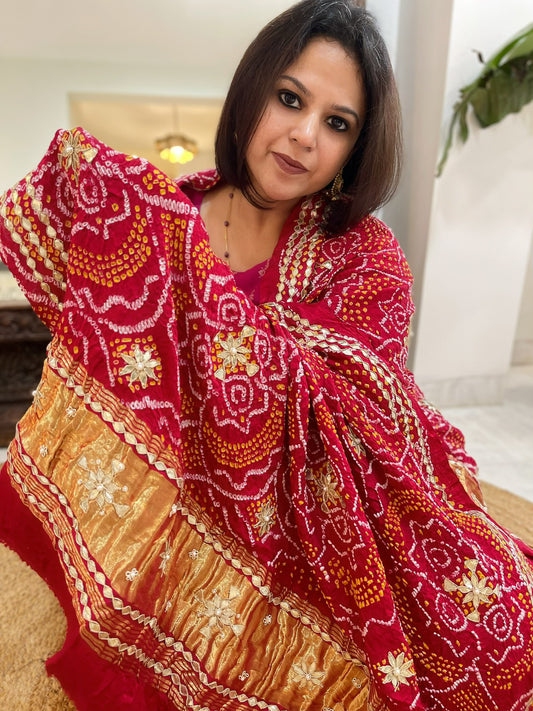 Red Bandhani Dupatta with Gotapatti Handwork in Pure Silk