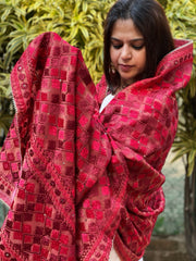 Red Designer Phulkari Dupatta in Tissue