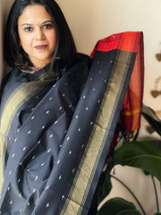 Black Handwoven Ikat Dupatta Pure Silk-Cotton