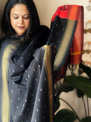 Black Handwoven Ikat Dupatta Pure Silk-Cotton