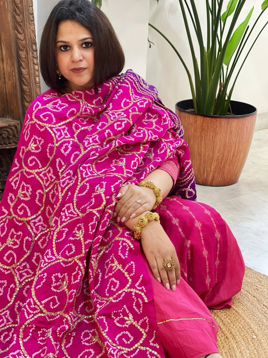 Pink Bandhani Dupatta with Gotapatti Handwork in Pure Silk