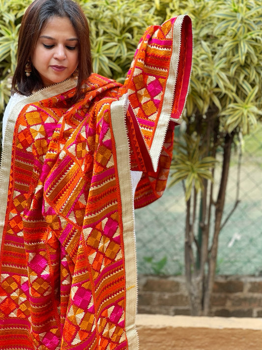 Orangish Pink Designer Phulkari Dupatta in Khaddar Cotton