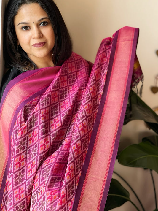 Pink Handwoven Ikat Dupatta Pure Silk-Cotton