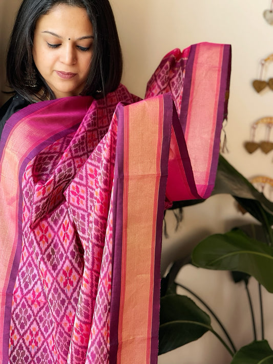 Pink Handwoven Ikat Dupatta Pure Silk-Cotton