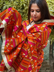 Orangish Pink Designer Phulkari Dupatta in Khaddar Cotton