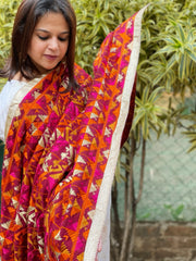 Orange, Pink, Ivory Designer Phulkari Dupatta in Khaddar Cotton