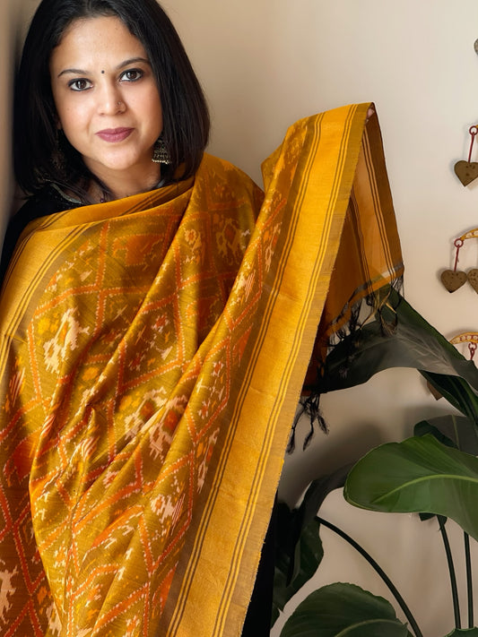 Mustard Handwoven Ikat Dupatta Pure Silk-Cotton