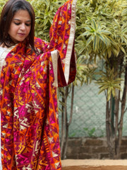 Orange, Pink, Ivory Designer Phulkari Dupatta in Khaddar Cotton