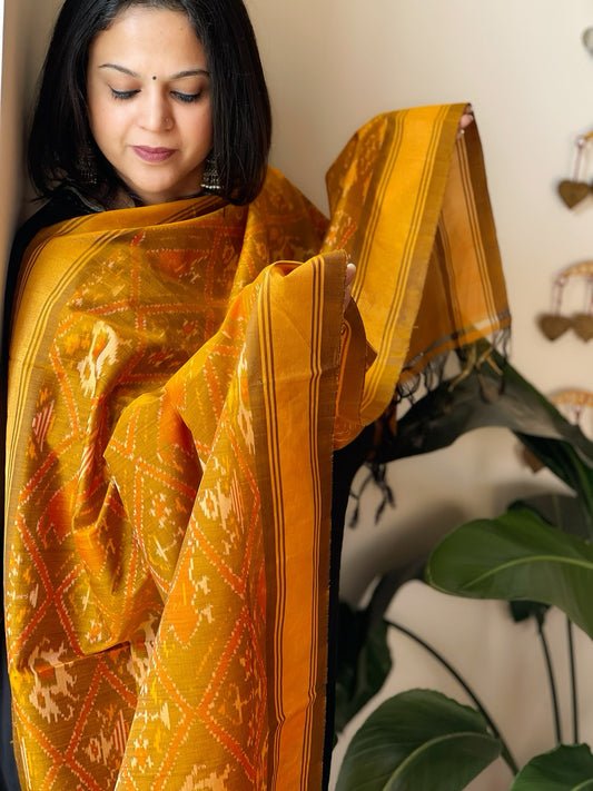 Mustard Handwoven Ikat Dupatta Pure Silk-Cotton