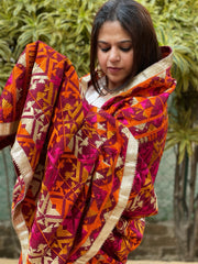Orange, Pink, Ivory Designer Phulkari Dupatta in Khaddar Cotton
