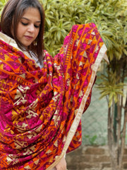 Orange, Pink, Ivory Designer Phulkari Dupatta in Khaddar Cotton