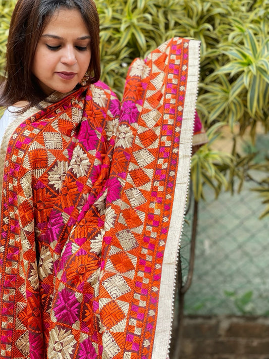 Orange, Pink, Ivory Designer Phulkari Dupatta in Khaddar Cotton