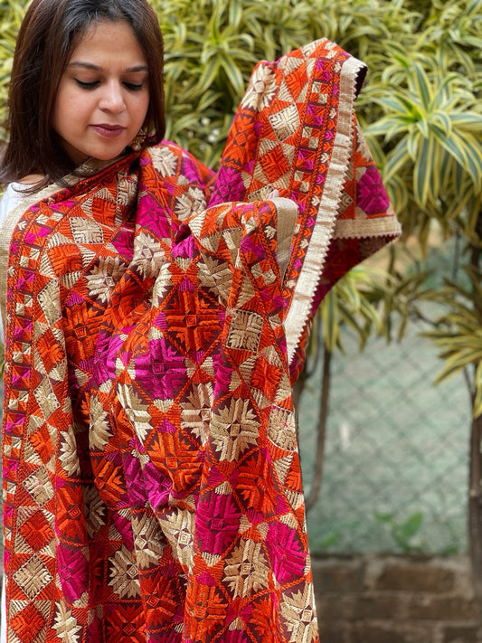 Orange, Pink, Ivory Designer Phulkari Dupatta in Khaddar Cotton