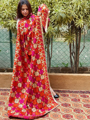 Orange, Pink, Ivory Designer Phulkari Dupatta in Khaddar Cotton