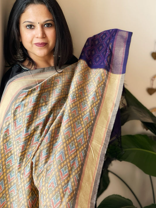 Grey Handwoven Ikat Dupatta Pure Silk-Cotton
