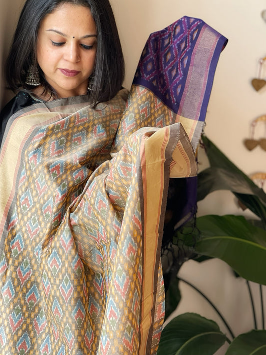 Grey Handwoven Ikat Dupatta Pure Silk-Cotton