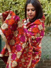 Orange, Pink, Ivory Designer Phulkari Dupatta in Khaddar Cotton