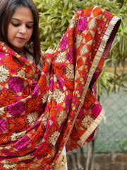 Orange, Pink, Ivory Designer Phulkari Dupatta in Khaddar Cotton