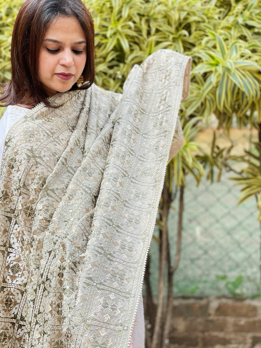 Silverish Grey Designer Phulkari Dupatta in Tissue