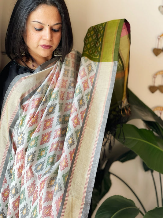 White Handwoven Ikat Dupatta Pure Silk-Cotton