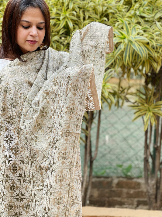 Silverish Grey Designer Phulkari Dupatta in Tissue